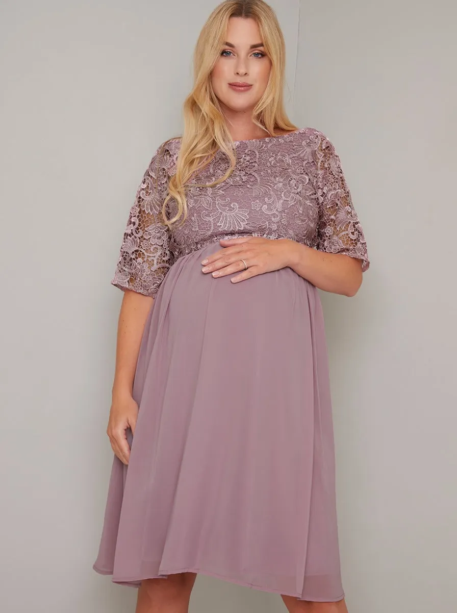 Maternity Lace Bodice 3/4 Sleeve Midi Dress in Pink sold by Chi Chi London