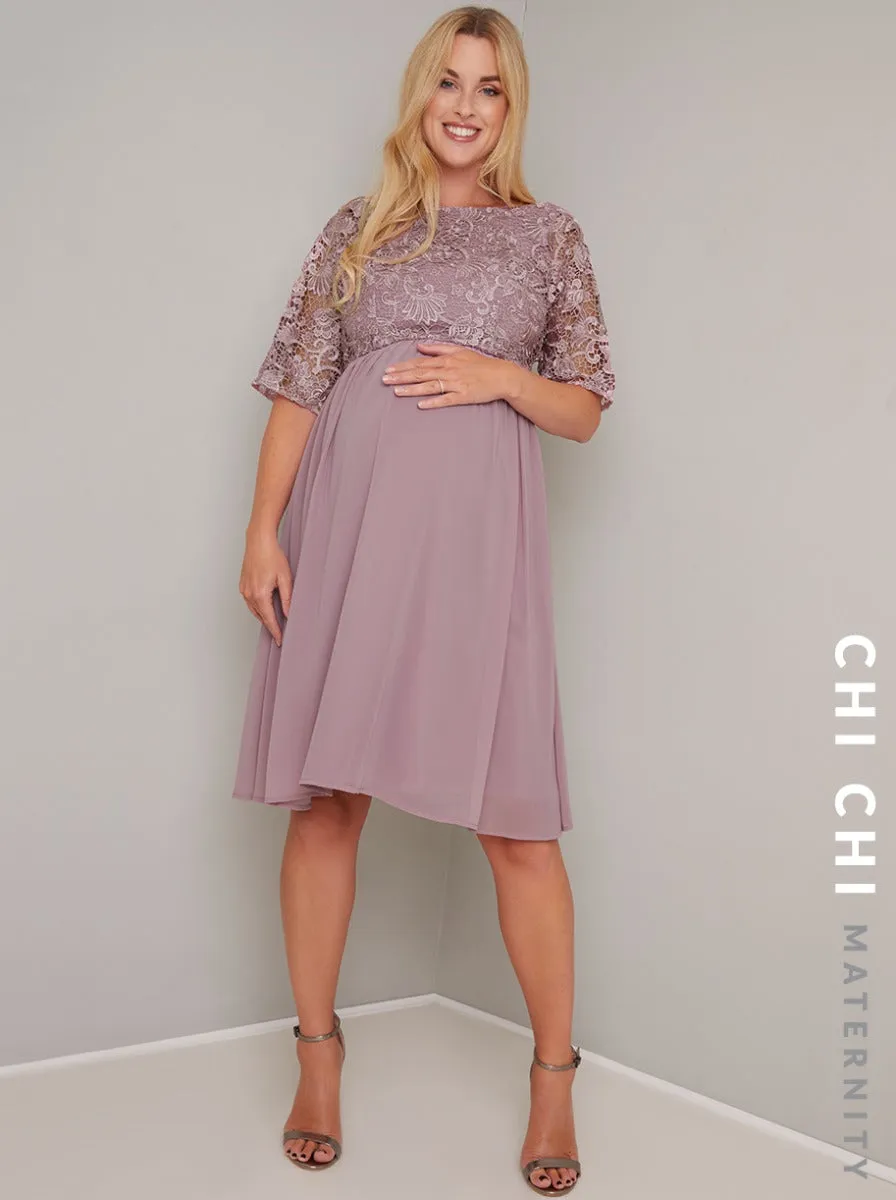 Maternity Lace Bodice 3/4 Sleeve Midi Dress in Pink sold by Chi Chi London product image thumbnail 2
