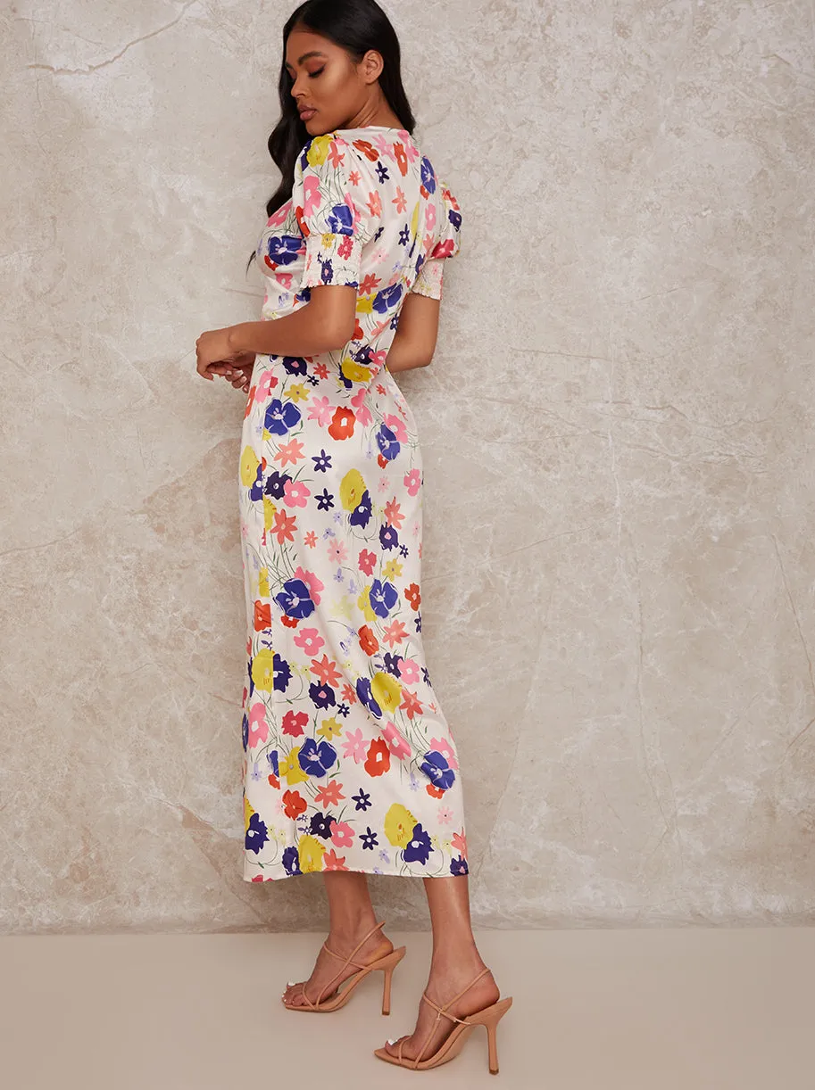 Floral Print Midi Day Dress with Puff Sleeve in Cream sold by Chi Chi London product image thumbnail 3