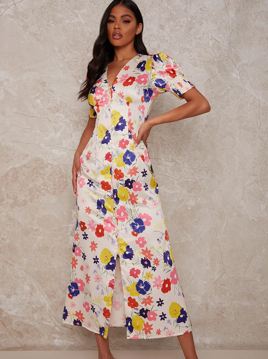 Floral Print Midi Day Dress with Puff Sleeve in Cream sold by Chi Chi London