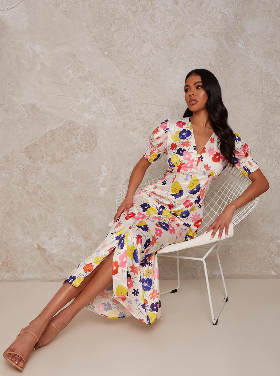 Floral Print Midi Day Dress with Puff Sleeve in Cream sold by Chi Chi London product image thumbnail 4