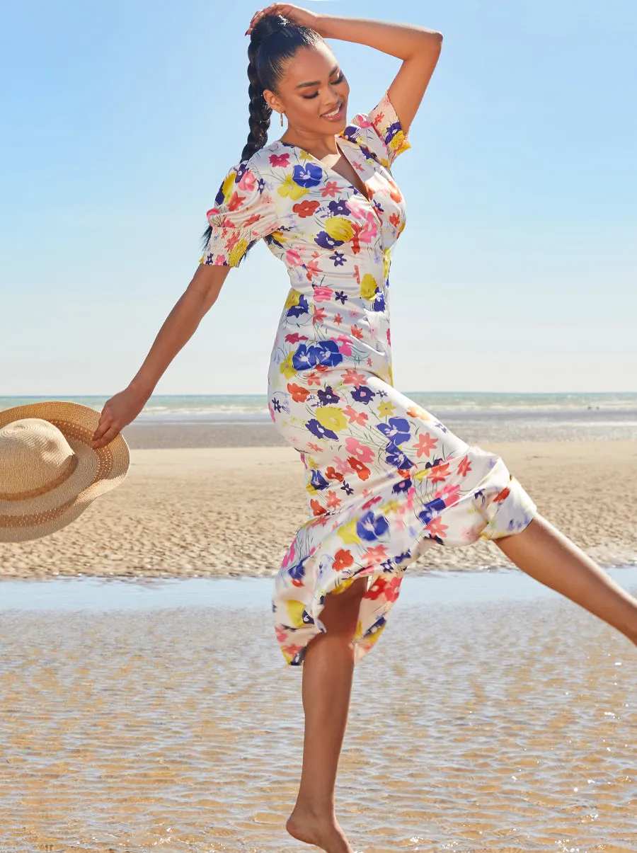Floral Print Midi Day Dress with Puff Sleeve in Cream sold by Chi Chi London product image thumbnail 5
