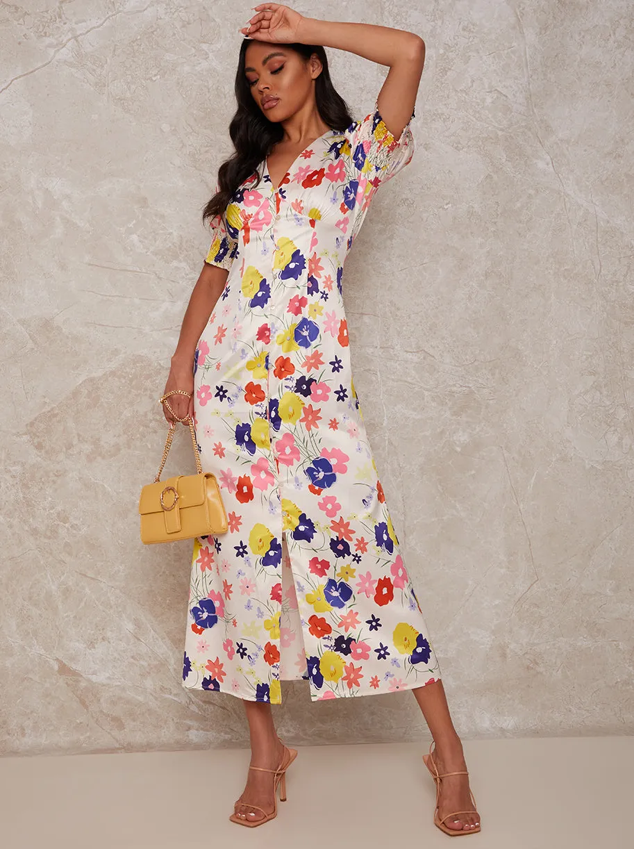 Floral Print Midi Day Dress with Puff Sleeve in Cream sold by Chi Chi London product image thumbnail 2