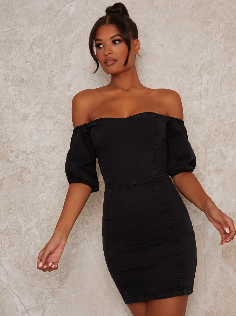 Denim Puff Sleeve Mini Dress in Black sold by Chi Chi London product image thumbnail 2