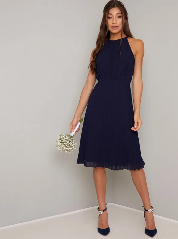 Halter Neck Pleat Detail Midi Dress in Blue sold by Chi Chi London