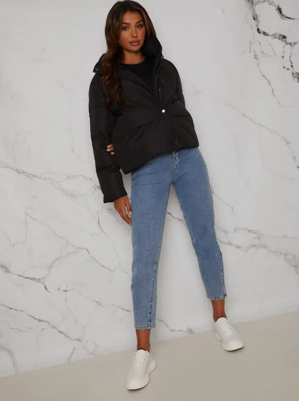 Cropped Padded Puffer Coat in Black sold by Chi Chi London
