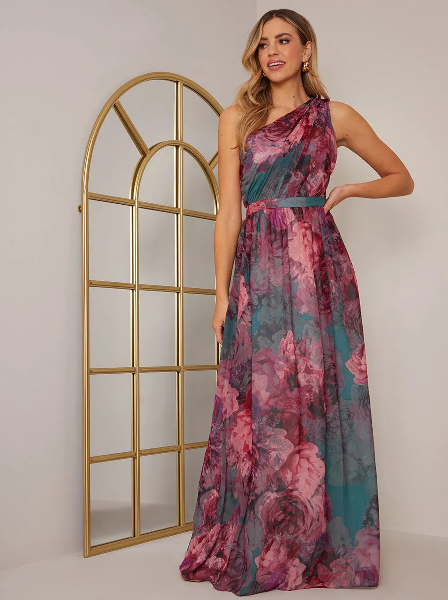 One Shoulder Floral Print Maxi Dress in Green sold by Chi Chi London