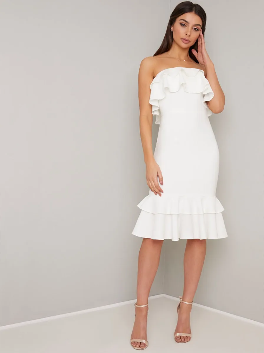 Bandeau Ruffle Detail Bodycon Midi Dress In White sold by Chi Chi London