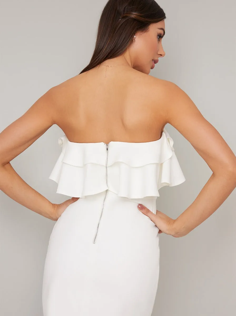 Bandeau Ruffle Detail Bodycon Midi Dress In White sold by Chi Chi London product image thumbnail 4