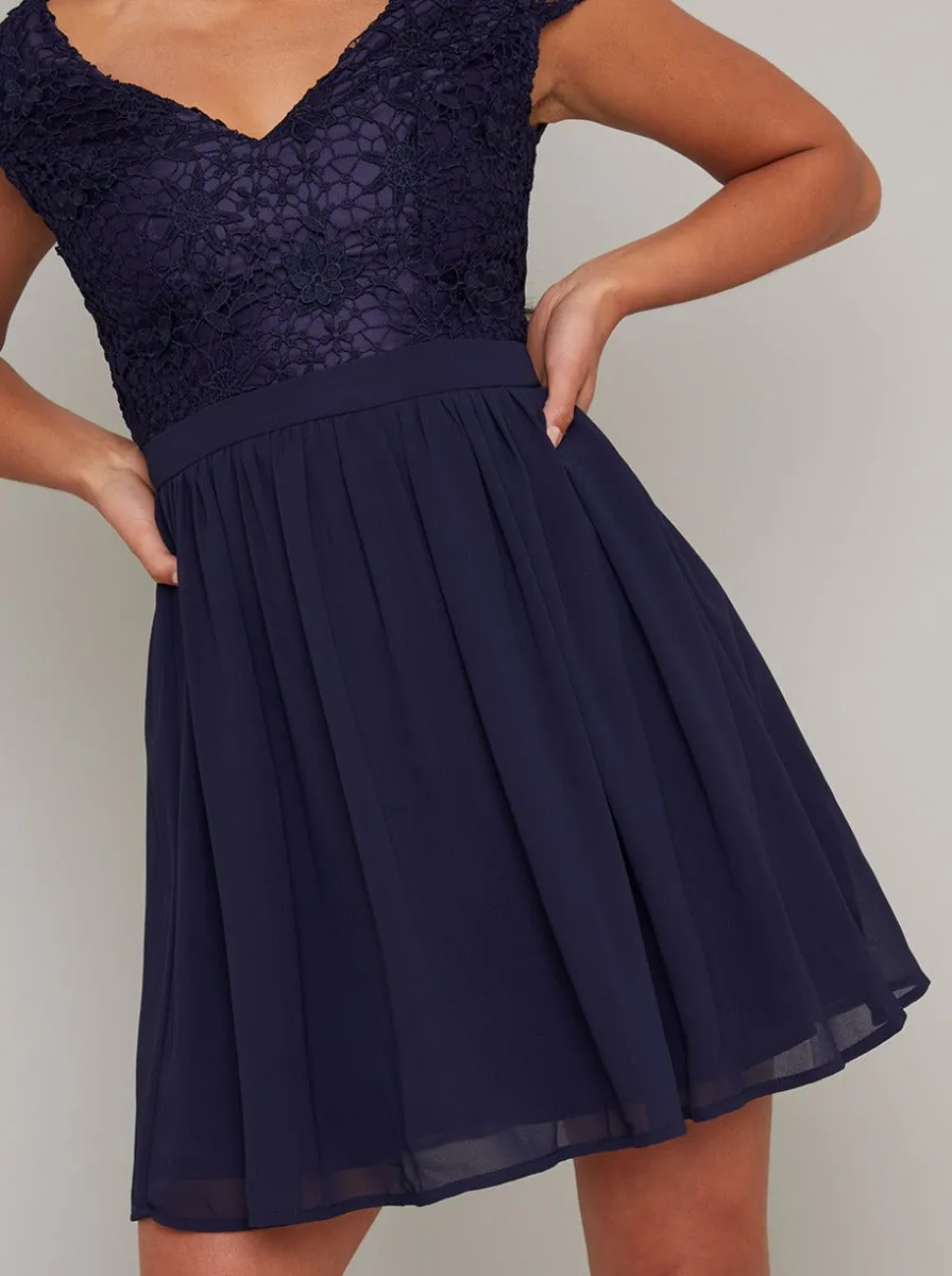 Petite Cap Sleeve Lace Chiffon Mini Dress in Blue sold by Chi Chi London product image thumbnail 4