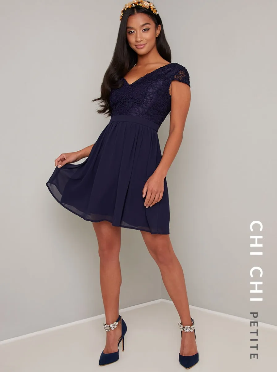 Petite Cap Sleeve Lace Chiffon Mini Dress in Blue sold by Chi Chi London