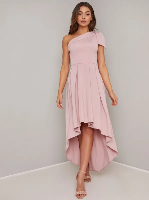 One Shoulder Bow Midi Dip Hem Dress in Pink sold by Chi Chi London