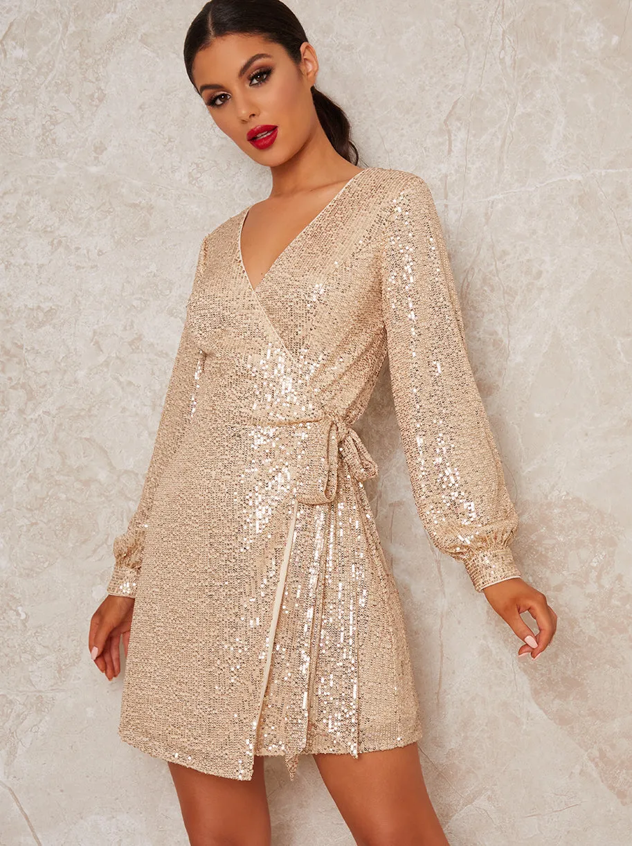 Wrap Long Sleeve Sequin Mini Dress in Gold sold by Chi Chi London product image thumbnail 3