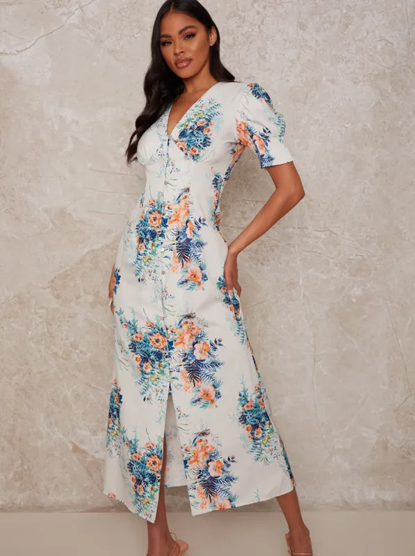Floral Print Puff Sleeve Button-Up Midi Day Dress in Blue sold by Chi Chi London