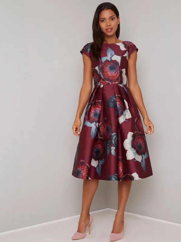 Floral Print Cap Sleeved Midi Dress in Red sold by Chi Chi London