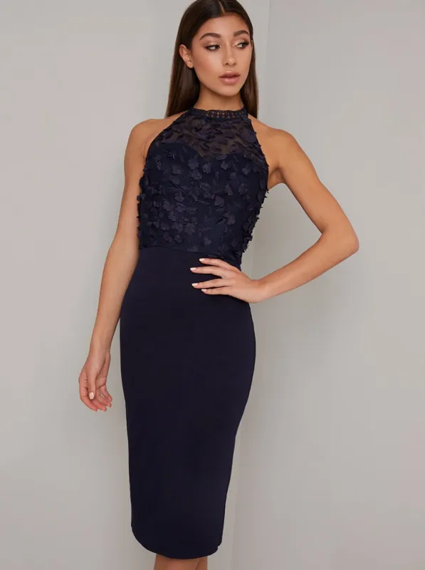 3D Flower Detail Bodycon Midi Dress in Blue sold by Chi Chi London