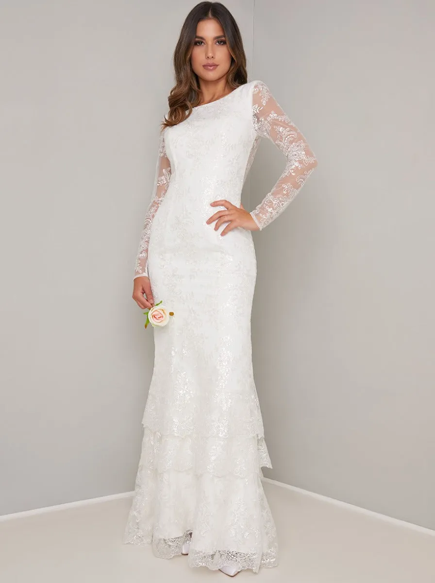 Bridal Lace Long Sleeved Tiered Wedding Dress in White sold by Chi Chi London product image thumbnail 2