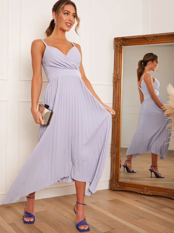 Cami Strap Pleated Midi Dress in Lilac sold by Chi Chi London