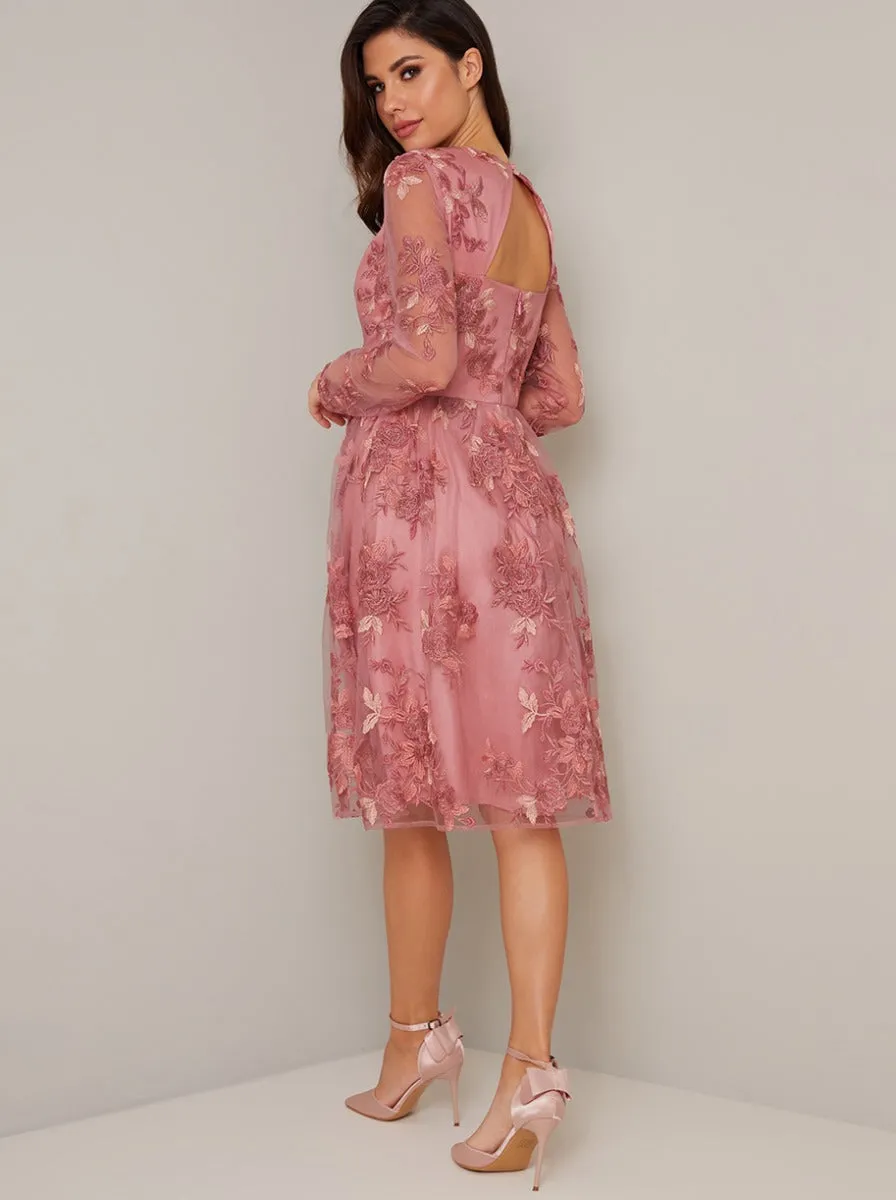 Long Sleeved Embroidered Overlay Midi Dress in Pink sold by Chi Chi London product image thumbnail 3