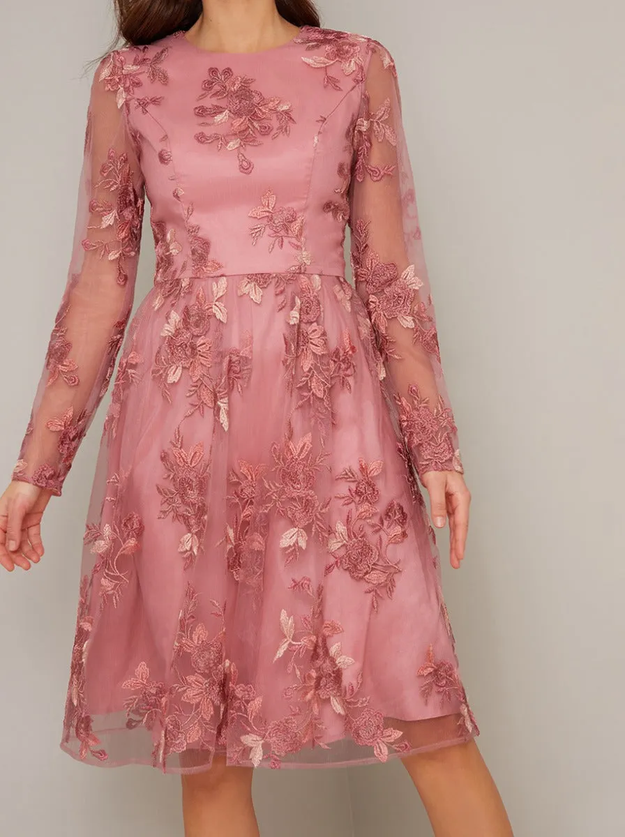 Long Sleeved Embroidered Overlay Midi Dress in Pink sold by Chi Chi London product image thumbnail 4