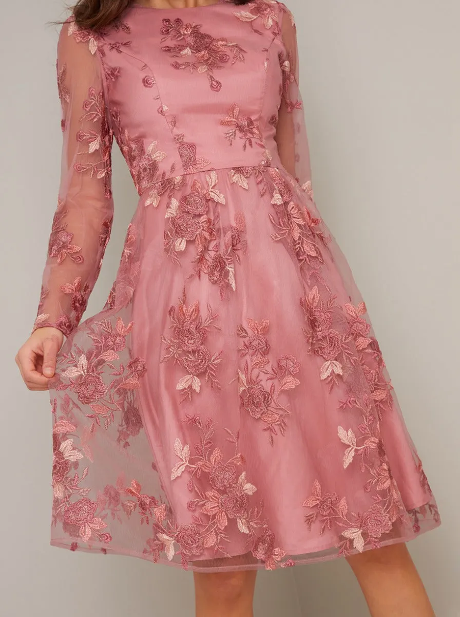 Long Sleeved Embroidered Overlay Midi Dress in Pink sold by Chi Chi London product image thumbnail 2