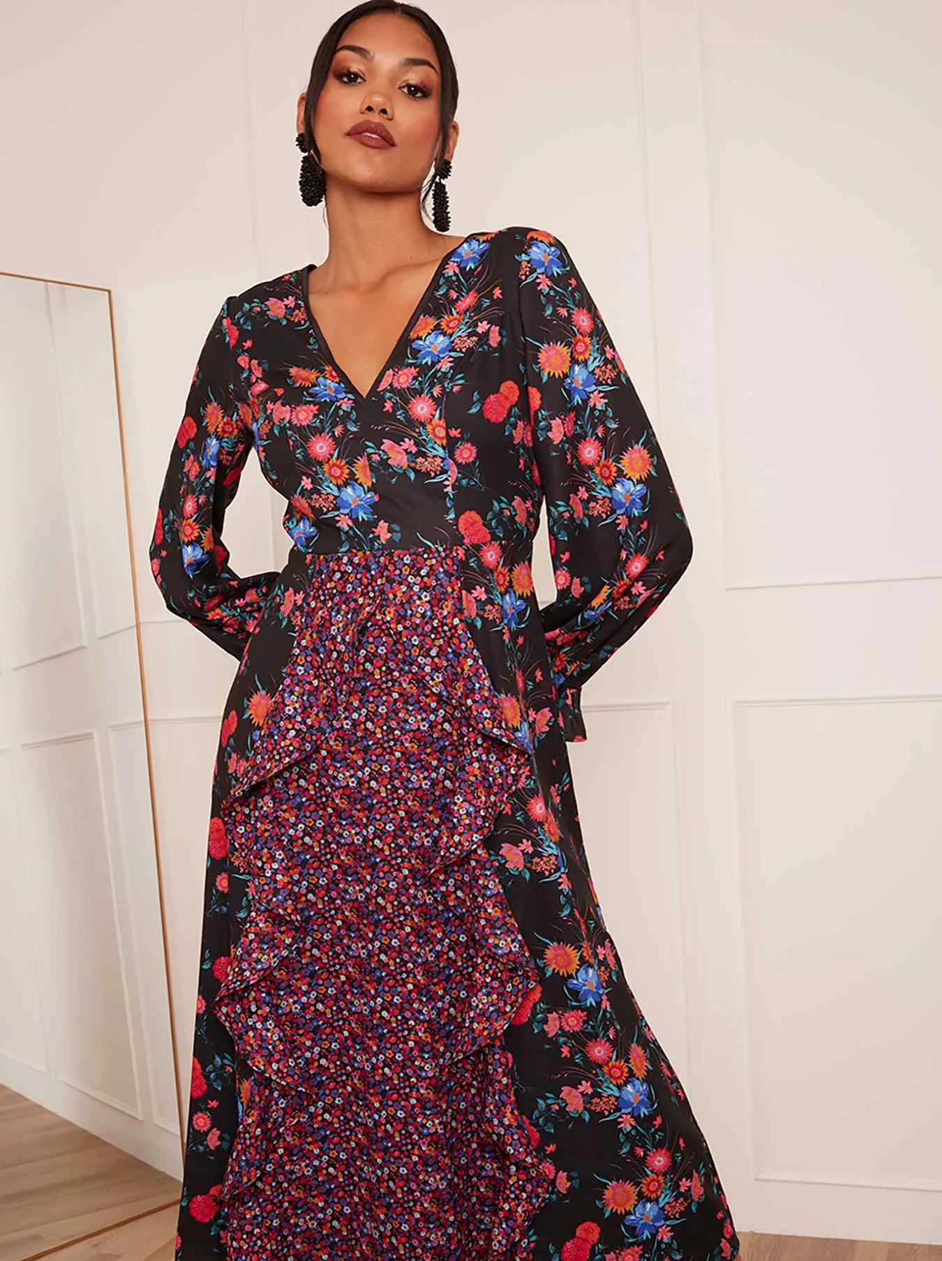 Long Sleeve Plunge Floral Printed Midi Dress in Black sold by Chi Chi London product image thumbnail 2