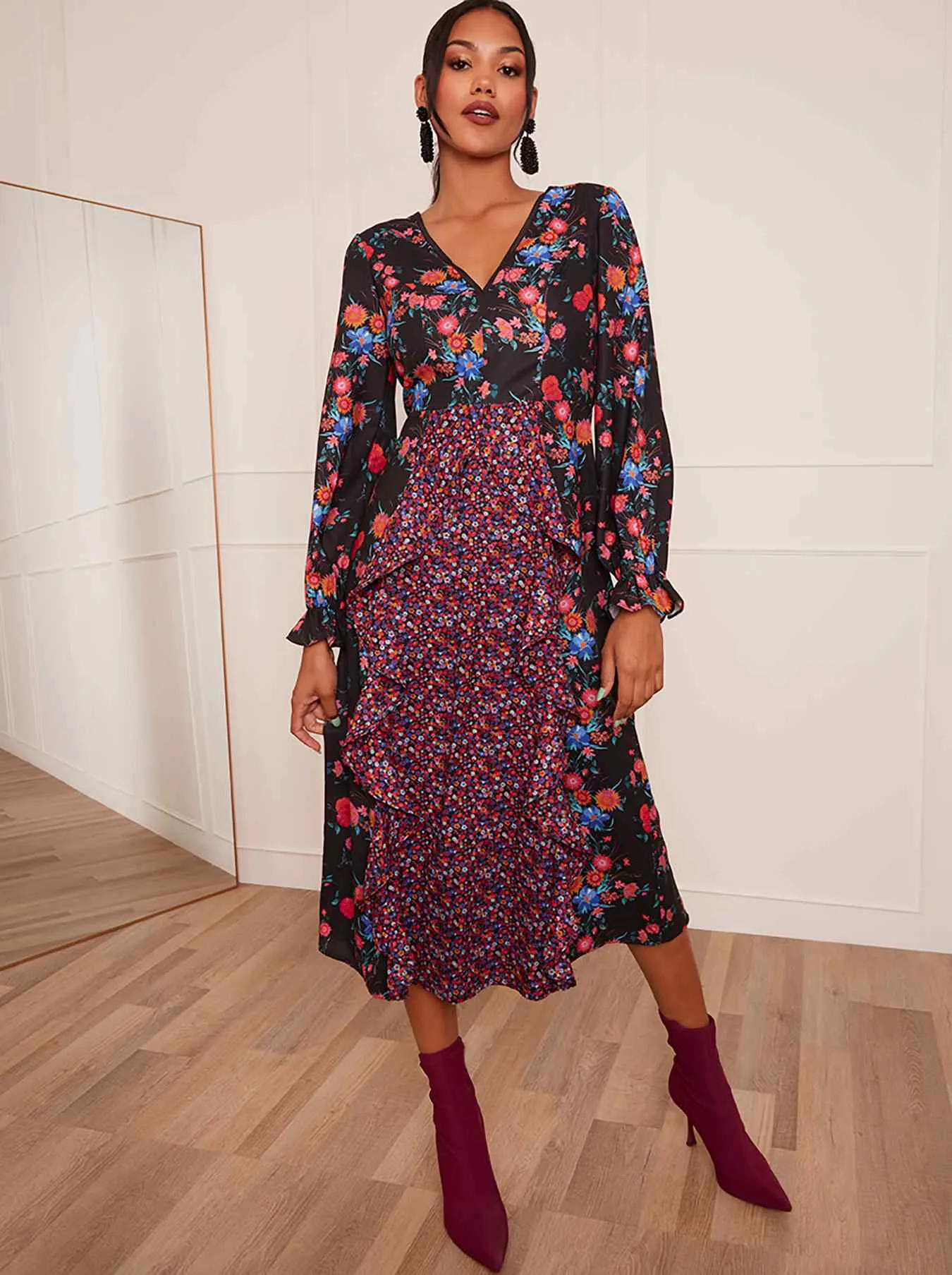 Long Sleeve Plunge Floral Printed Midi Dress in Black sold by Chi Chi London