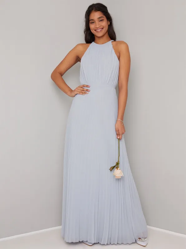 Halter Neck Detail Pleat Bridesmaid Maxi Dress in Blue sold by Chi Chi London