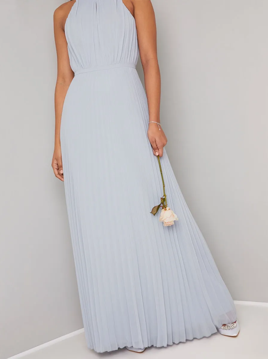 Halter Neck Detail Pleat Bridesmaid Maxi Dress in Blue sold by Chi Chi London product image thumbnail 2