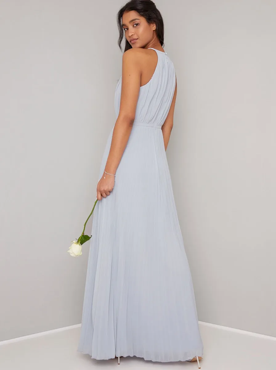 Halter Neck Detail Pleat Bridesmaid Maxi Dress in Blue sold by Chi Chi London product image thumbnail 3
