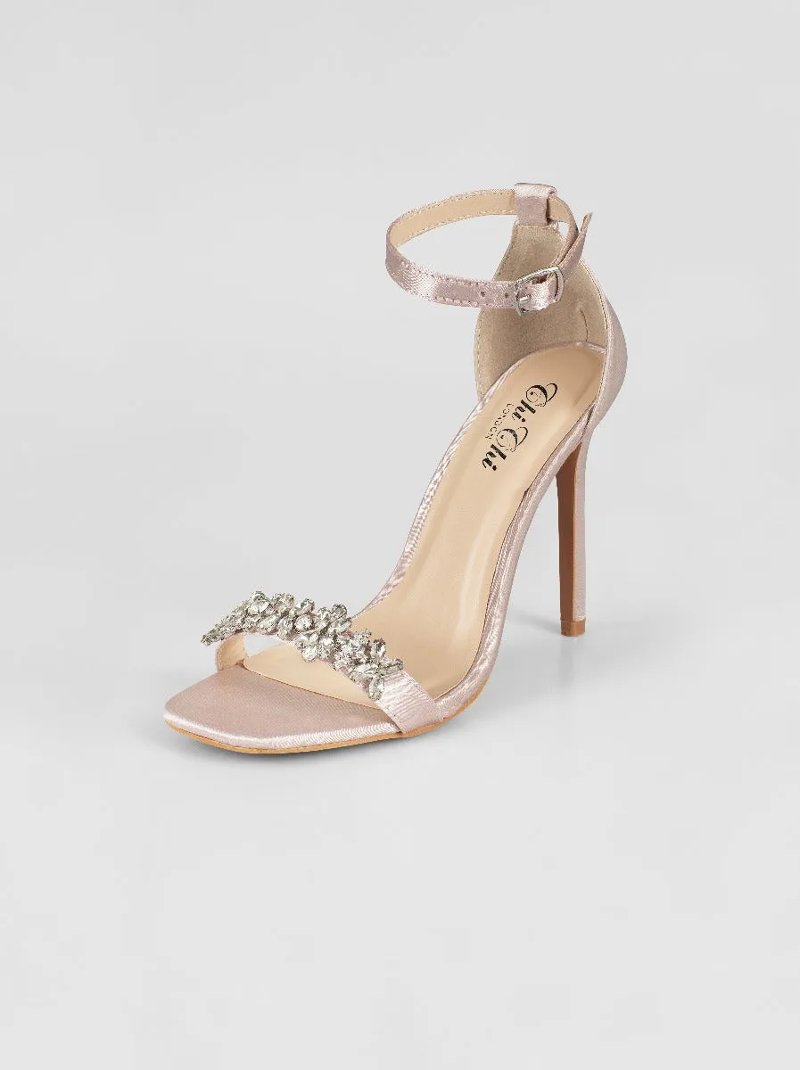 Embellished High Heel Satin Strappy Sandal in Pink sold by Chi Chi London