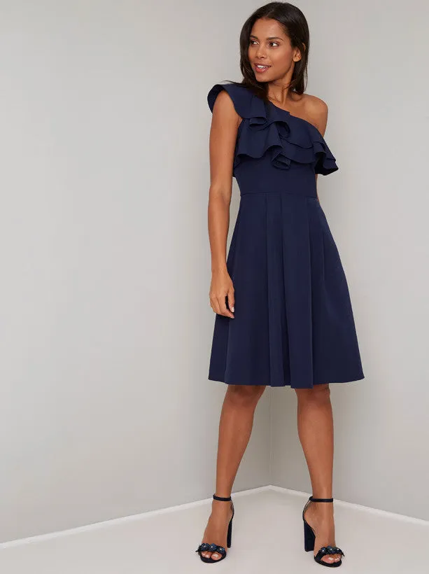 Ruffle One Shoulder Midi Dress In Blue sold by Chi Chi London