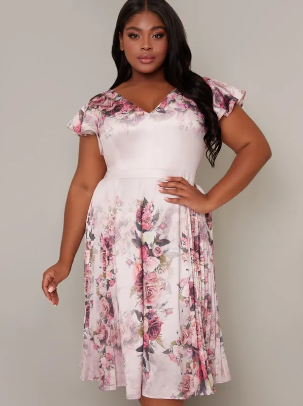 Plus Size Floral Printed Pleat Midi Dress in Pink sold by Chi Chi London