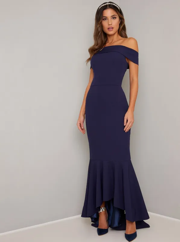 Fishtail Bodycon Bardot Maxi Dress in Blue sold by Chi Chi London