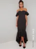 Petite Bardot Dip Hem Midi Dress In Black sold by Chi Chi London