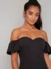 Petite Bardot Dip Hem Midi Dress In Black sold by Chi Chi London