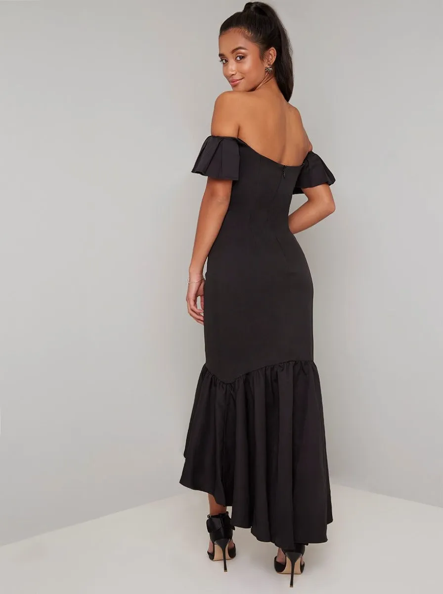 Petite Bardot Dip Hem Midi Dress In Black sold by Chi Chi London