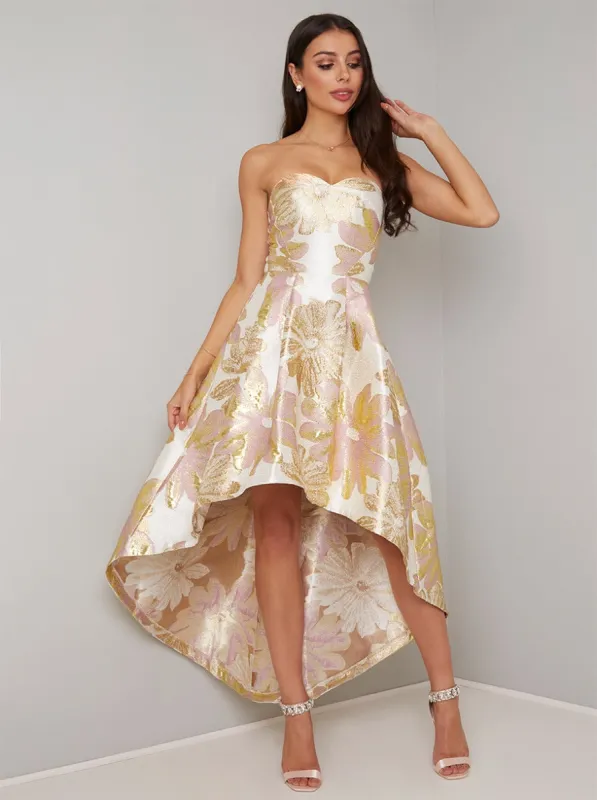 Bardot Jacquard Dip Hem Midi Dress in Gold sold by Chi Chi London