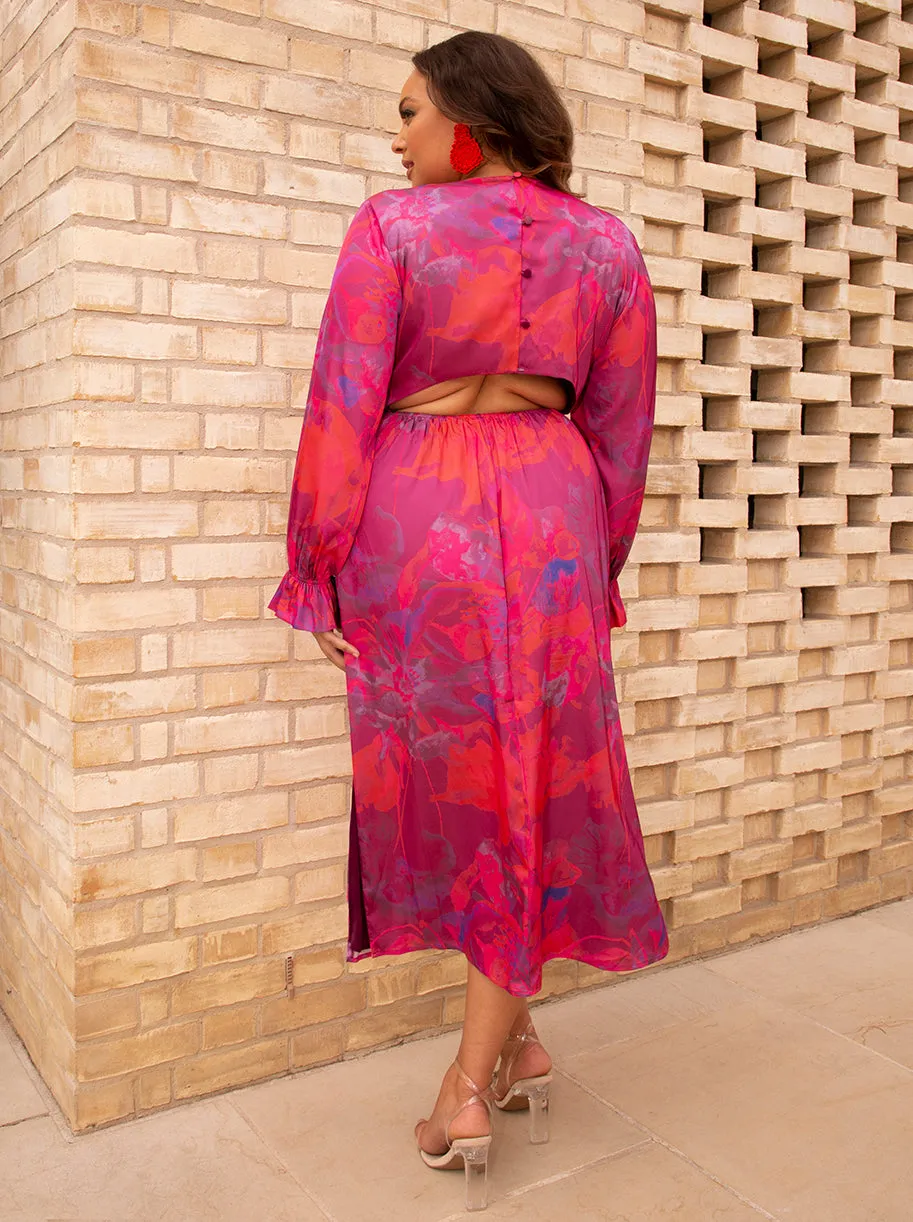 Plus Size Long Sleeve V Neck Floral Print Dress in Pink sold by Chi Chi London product image thumbnail 3