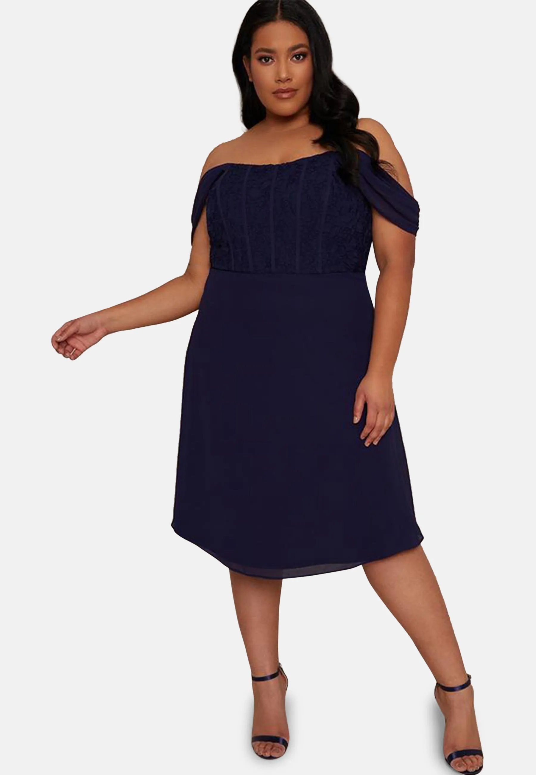 Plus Size Crochet Bodice Bardot Midi Dress in Navy sold by Chi Chi London product image thumbnail 5