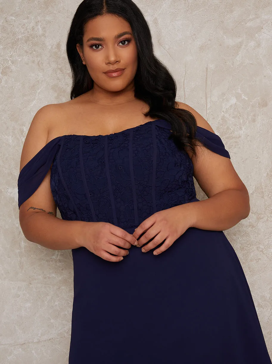 Plus Size Crochet Bodice Bardot Midi Dress in Navy sold by Chi Chi London product image thumbnail 3