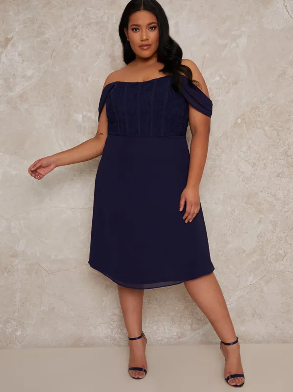 Plus Size Crochet Bodice Bardot Midi Dress in Navy sold by Chi Chi London