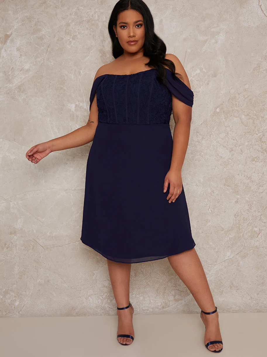 Plus Size Crochet Bodice Bardot Midi Dress in Navy sold by Chi Chi London