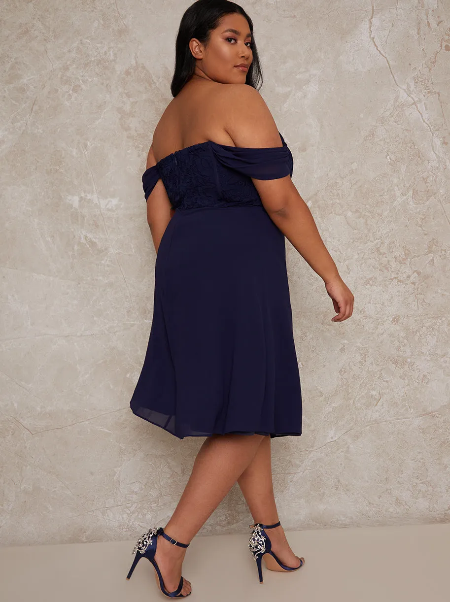 Plus Size Crochet Bodice Bardot Midi Dress in Navy sold by Chi Chi London product image thumbnail 4