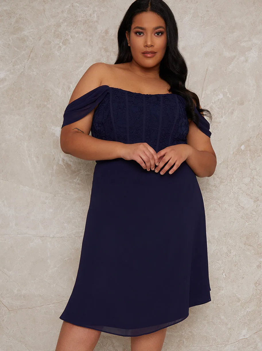 Plus Size Crochet Bodice Bardot Midi Dress in Navy sold by Chi Chi London product image thumbnail 2