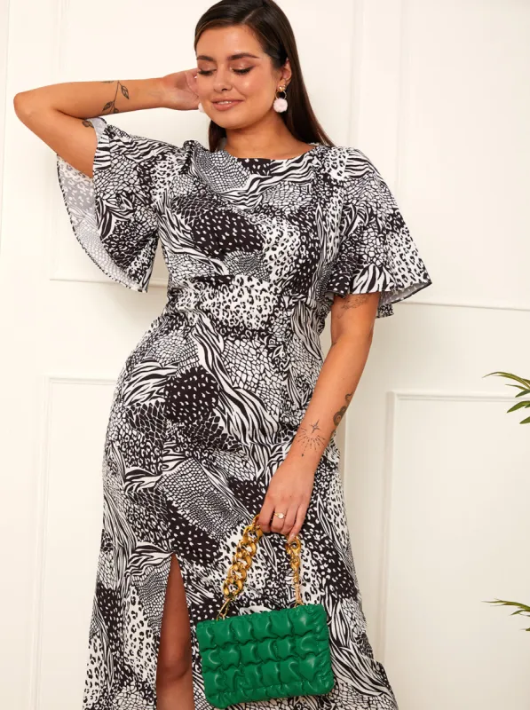 Short Sleeve Animal Print Midi Dress in Black sold by Chi Chi London