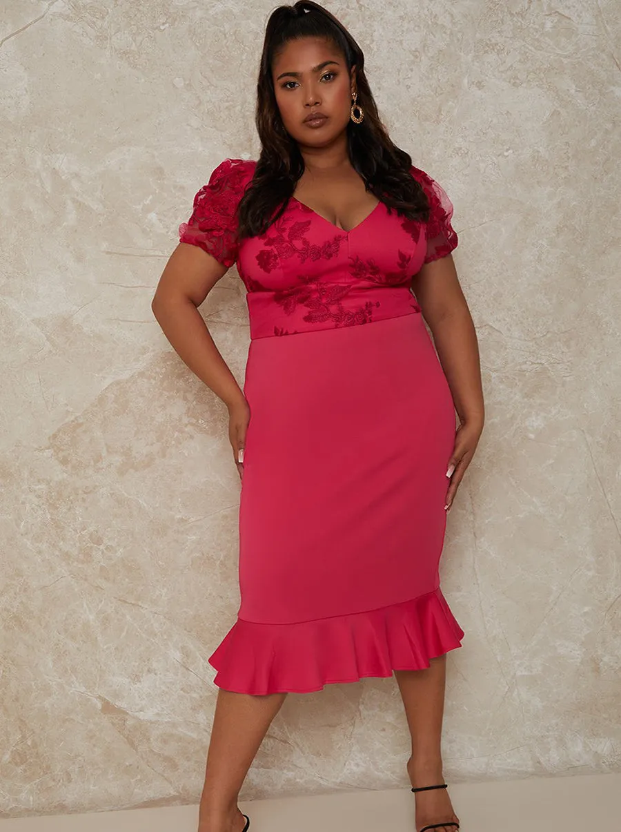 Plus Size V Neck Embroidered Bodycon Midi Dress in Pink sold by Chi Chi London