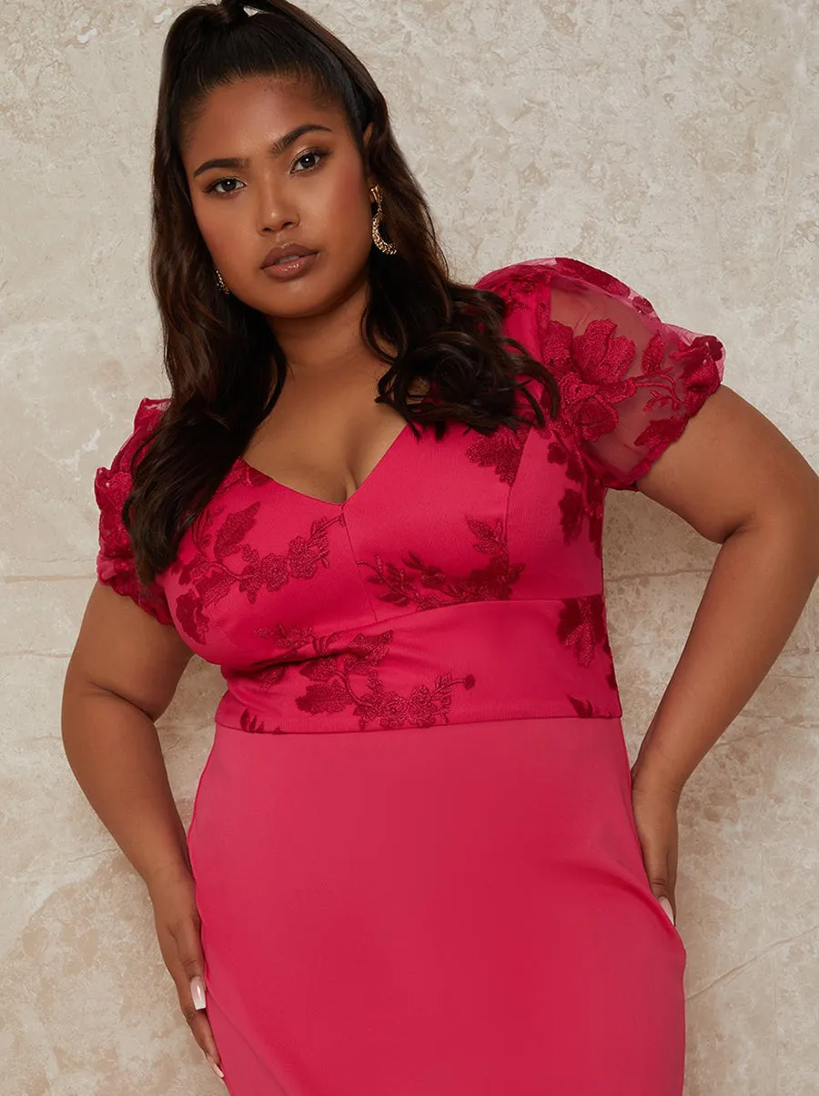 Plus Size V Neck Embroidered Bodycon Midi Dress in Pink sold by Chi Chi London product image thumbnail 3