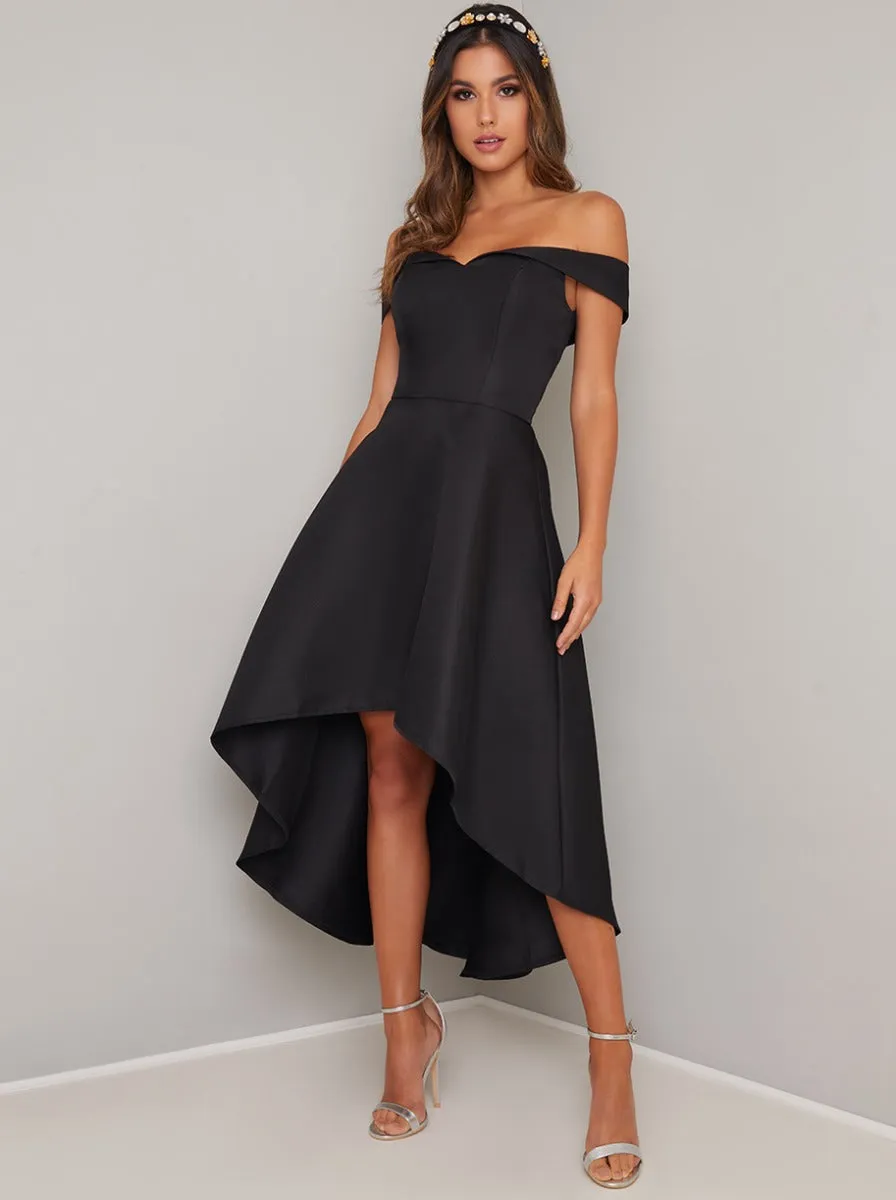 Fold Over Bardot Dip Hem Midi Dress in Black sold by Chi Chi London