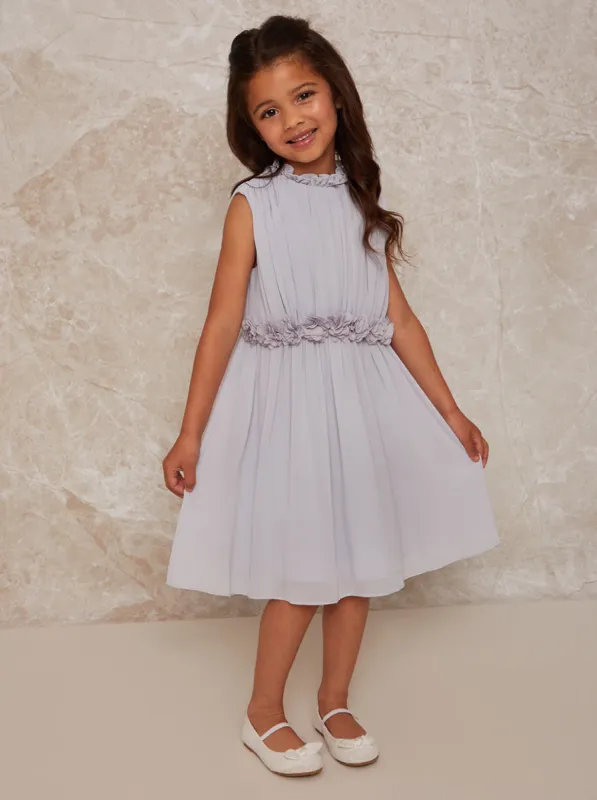 Girls 3D Floral Gathered Chiffon Midi Dress in Blue sold by Chi Chi London